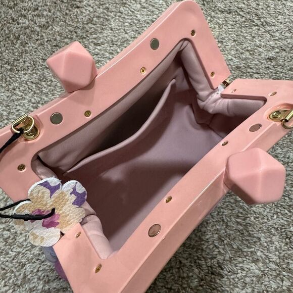 Floral Print Cowhide Leather Handmade Acrylic Frame Clutch Bag, 3 Straps Style - Picture 14 of 14